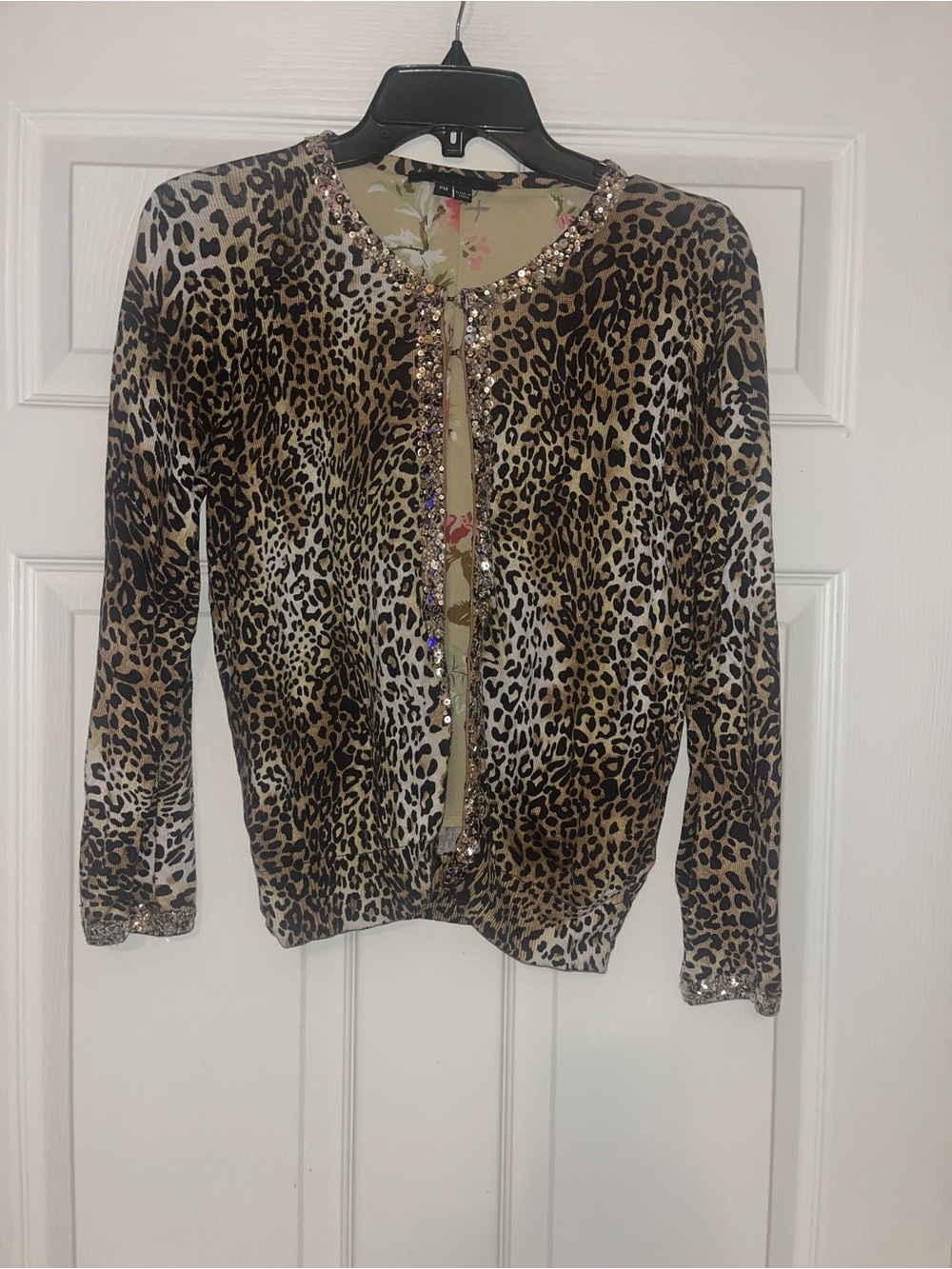 ECI Leopard Print Sequin-Trim Cardigan in Brown and Black